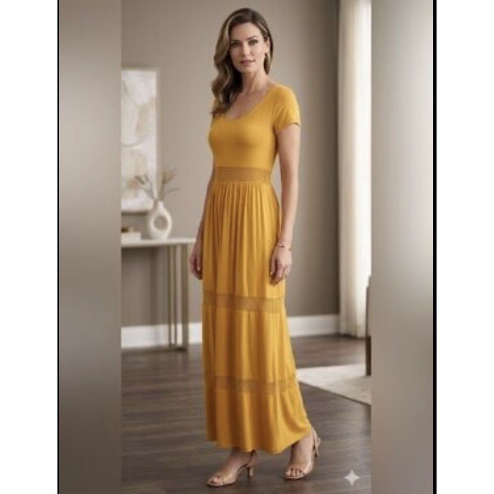 Cable & Gauge Mustard Yellow Short Sleeve Knit Maxi Dress Cutout Mesh Waist M